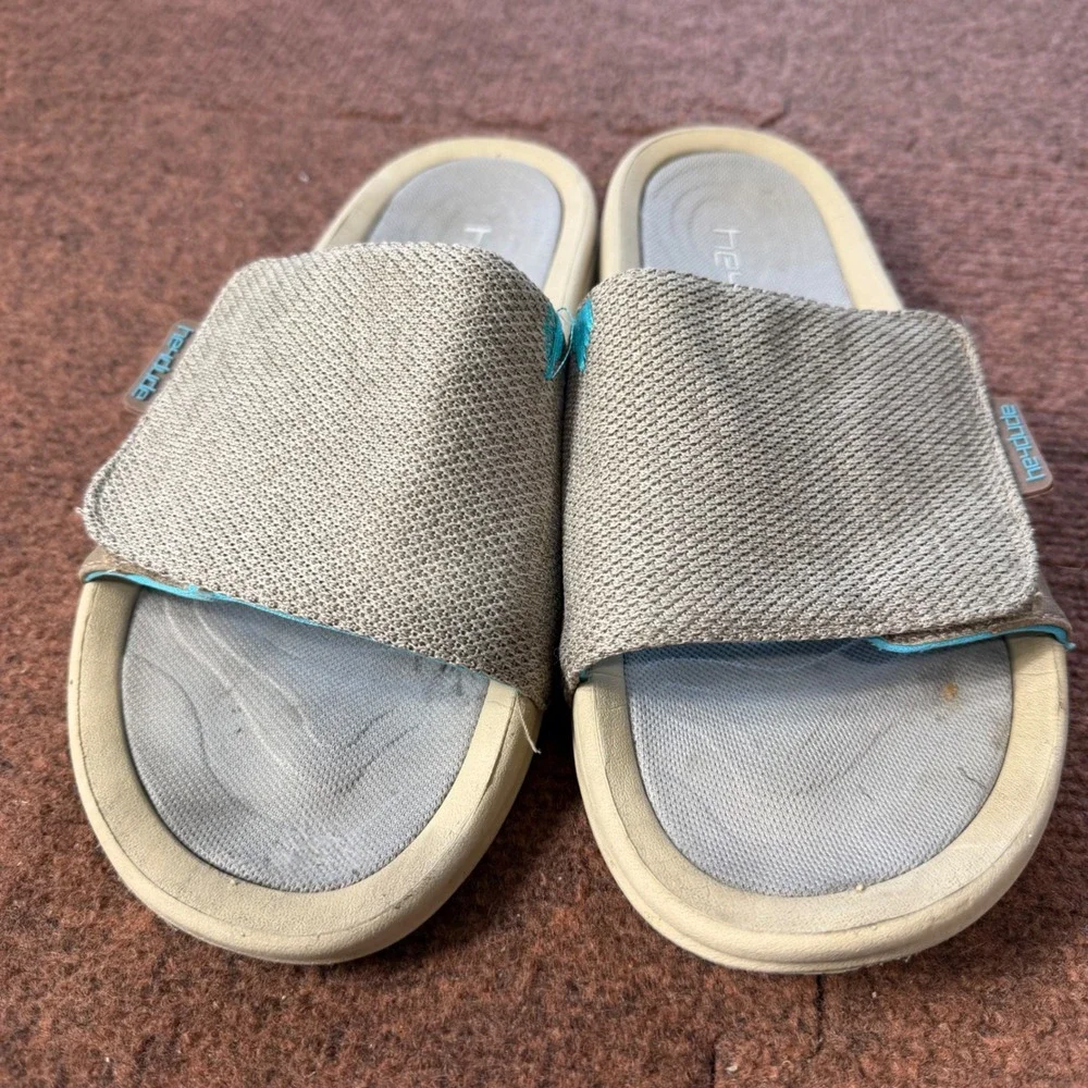 gently used Hey Dude Milo Dry Step Mesh Slides Mens Tan Teal Sandals Size 10